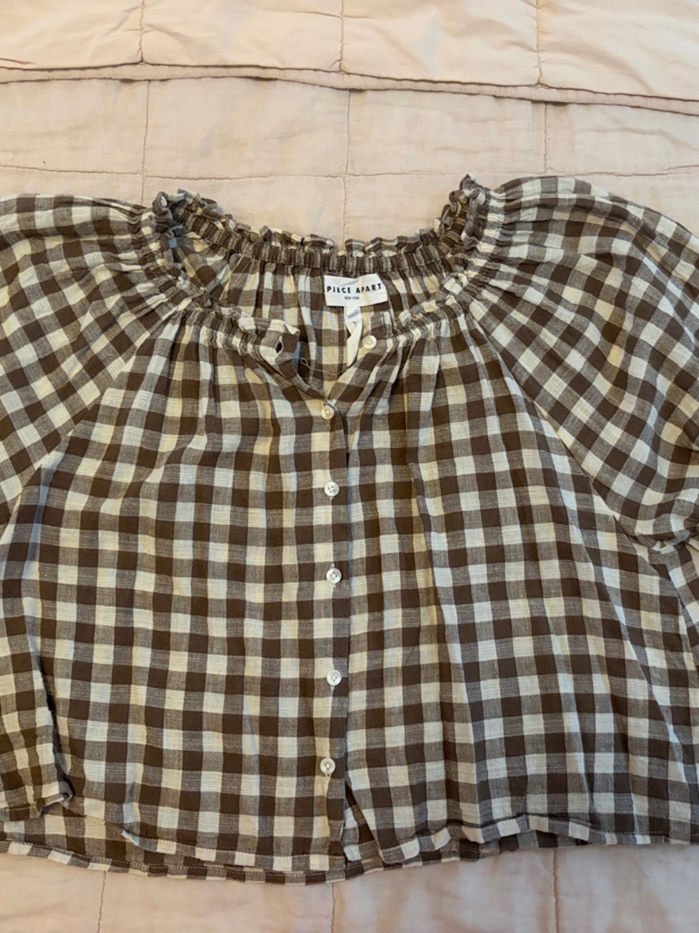 Apiece Apart Brown and Cream Gingham Button-Front Top - Picture 2 of 6